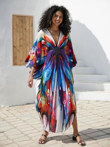 Wave Neck Swimsuit Cover Up Caftan Dress - Plus Size, Oversized, Long Beach Dress in Kuwait