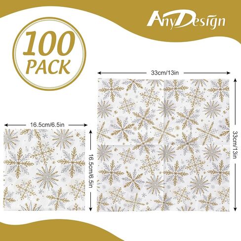 AnyDesign 100 حزمة من المناديل الورقية لعيد الميلاد الذهبي والفضي ندفة الثلج للاستعمال مرة واحدة في عيد الميلاد ومناديل غداء وعشاء لمستلزمات حفلات الشتاء ديكور الطاولة، 6.5 × 6.5 بوصة in Saudi Arabia