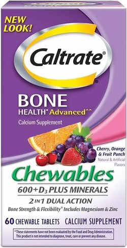Caltrate Calcium & Vitamin D3 Supplement 600+D3 Plus Minerals Chewable Tablet, 600mg (Cherry, Orange, and Fruit Punch Flavors, 60 Count (Pack of 3) in Saudi Arabia