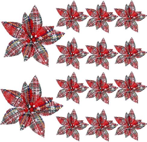 Waydress 12 Pieces Christmas Plaid Poinsettias Artificial Xmas Poinsettias Flowers Ornaments Faux Flowers Picks Decor Wreath for Christmas Tree Party Holiday Decor (Classic Style) in Kuwait