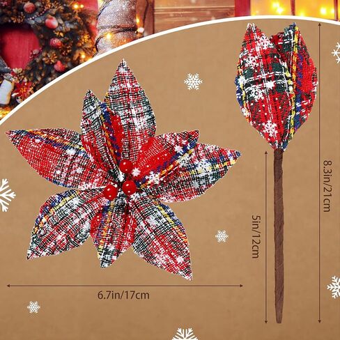 Waydress 12 Pieces Christmas Plaid Poinsettias Artificial Xmas Poinsettias Flowers Ornaments Faux Flowers Picks Decor Wreath for Christmas Tree Party Holiday Decor (Classic Style) in Kuwait