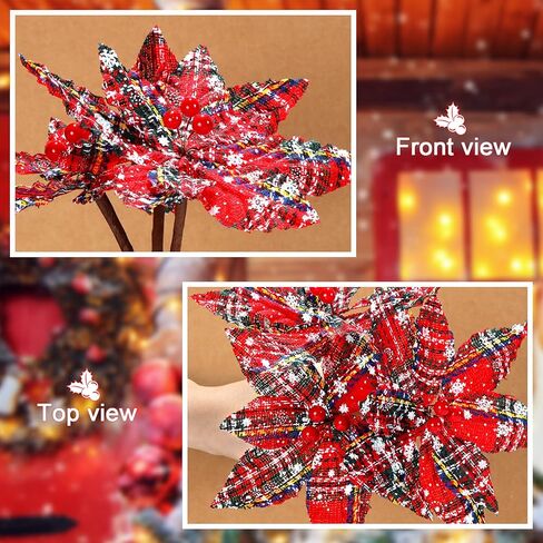 Waydress 12 Pieces Christmas Plaid Poinsettias Artificial Xmas Poinsettias Flowers Ornaments Faux Flowers Picks Decor Wreath for Christmas Tree Party Holiday Decor (Classic Style) in Kuwait