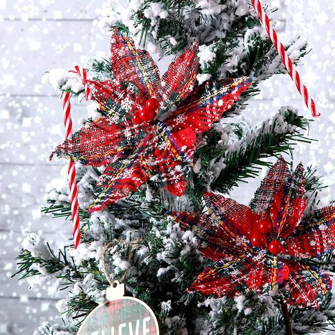 Waydress 12 Pieces Christmas Plaid Poinsettias Artificial Xmas Poinsettias Flowers Ornaments Faux Flowers Picks Decor Wreath for Christmas Tree Party Holiday Decor (Classic Style) in Kuwait