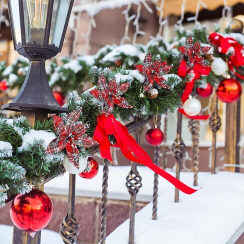 Waydress 12 Pieces Christmas Plaid Poinsettias Artificial Xmas Poinsettias Flowers Ornaments Faux Flowers Picks Decor Wreath for Christmas Tree Party Holiday Decor (Classic Style) in Kuwait