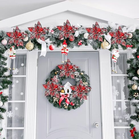 Waydress 12 Pieces Christmas Plaid Poinsettias Artificial Xmas Poinsettias Flowers Ornaments Faux Flowers Picks Decor Wreath for Christmas Tree Party Holiday Decor (Classic Style) in Kuwait