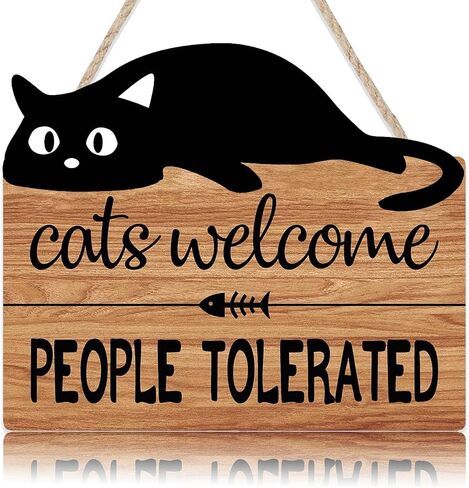 علامة ترحيب القط المضحكة، القطط ترحب بالناس المتسامحين مع لوحة خشبية ببصمة قدم قطة صغيرة، علامة خشبية مضحكة لمتجر الحيوانات الأليفة في المنزل، هدايا لمحبي القطط مقاس 10 × 12 بوصة ديكور حائط للقطط السوداء in Kuwait