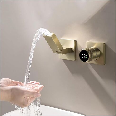 Bathroom Faucet with Temperature Digital Display Wall Mount Faucet with 180° Foldable Spout Single Handle Lavatory Vessel Sink Faucet Bathtub Faucet Tub Filler with Brass Rough-in Valve (Brushed Gold) in Saudi Arabia