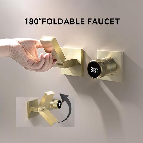 Bathroom Faucet with Temperature Digital Display Wall Mount Faucet with 180° Foldable Spout Single Handle Lavatory Vessel Sink Faucet Bathtub Faucet Tub Filler with Brass Rough-in Valve (Brushed Gold) in Saudi Arabia