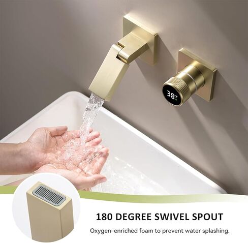 Bathroom Faucet with Temperature Digital Display Wall Mount Faucet with 180° Foldable Spout Single Handle Lavatory Vessel Sink Faucet Bathtub Faucet Tub Filler with Brass Rough-in Valve (Brushed Gold) in Saudi Arabia
