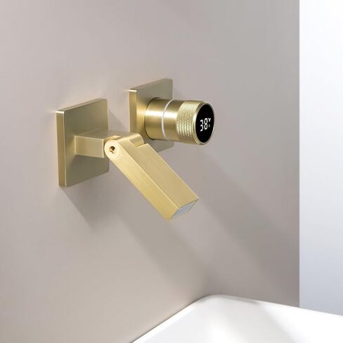 Bathroom Faucet with Temperature Digital Display Wall Mount Faucet with 180° Foldable Spout Single Handle Lavatory Vessel Sink Faucet Bathtub Faucet Tub Filler with Brass Rough-in Valve (Brushed Gold) in Saudi Arabia