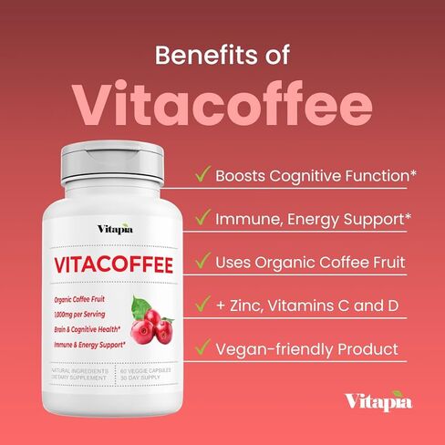 Vitacoffee Caffeine Coffee Fruit Powder for Energy, Memory, Focus, Antioxidant, Metabolism, Skin Health Support - 100g & 33 Day Supply - Non-GMO, Gluten-Free, Vegan Supplement in Saudi Arabia