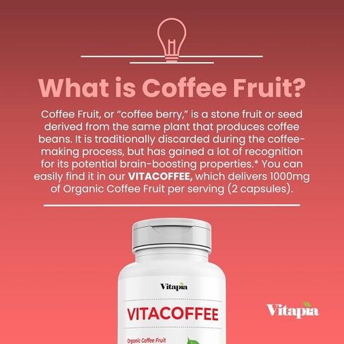 Vitacoffee Caffeine Coffee Fruit Powder for Energy, Memory, Focus, Antioxidant, Metabolism, Skin Health Support - 100g & 33 Day Supply - Non-GMO, Gluten-Free, Vegan Supplement in Saudi Arabia