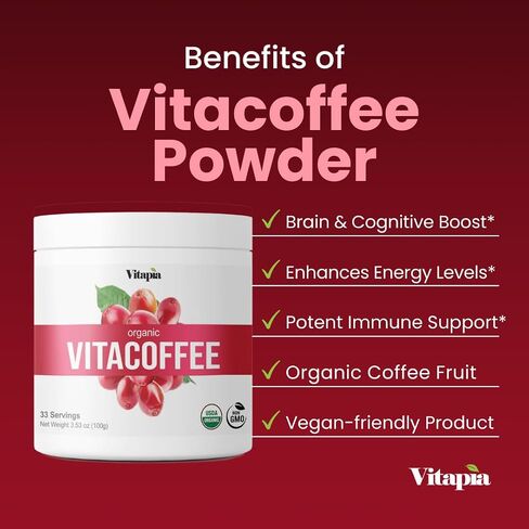 Vitacoffee Caffeine Coffee Fruit Powder for Energy, Memory, Focus, Antioxidant, Metabolism, Skin Health Support - 100g & 33 Day Supply - Non-GMO, Gluten-Free, Vegan Supplement in Saudi Arabia