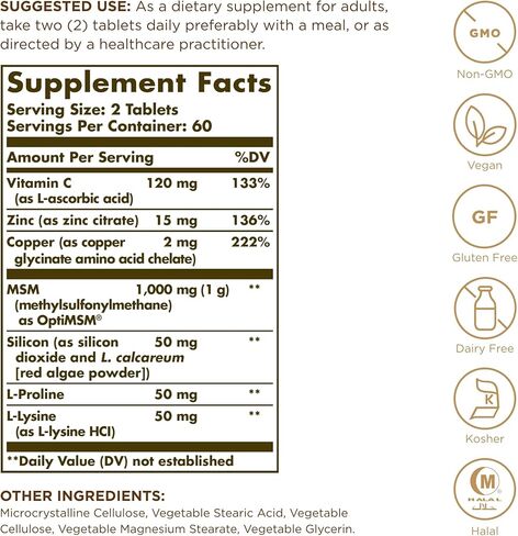 Solgar للبشرة والأظافر والشعر، تركيبة MSM المتقدمة، 60 قرصًا - يدعم الكولاجين لصحة الشعر والأظافر والبشرة - يوفر الزنك وفيتامين C والنحاس - غير معدل وراثيًا، نباتي، خالي من الغلوتين ومنتجات الألبان - 30 حصة in Kuwait