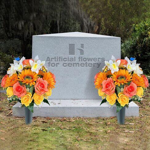 Silk Cemetery Flowers for Grave with Butterfly and Vase, Non-Bleed, Artificial Rose & Sunflower& Cattleya Orchid, Graveside Arrangement, Easy Fit in Kuwait
