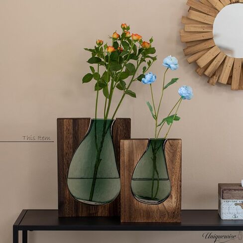 10-Inch Wood and Glass Inlay Vase - Merging The Natural Warmth and Texture of Wood with The Elegance and Color of Glass, Perfect for Enhancing Home Decor, Office Desk, Kitchen Table or Living Room in Kuwait