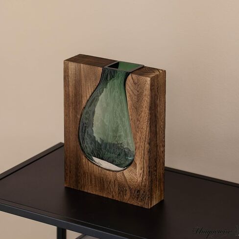 10-Inch Wood and Glass Inlay Vase - Merging The Natural Warmth and Texture of Wood with The Elegance and Color of Glass, Perfect for Enhancing Home Decor, Office Desk, Kitchen Table or Living Room in Kuwait