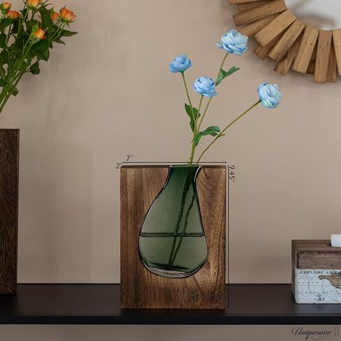 10-Inch Wood and Glass Inlay Vase - Merging The Natural Warmth and Texture of Wood with The Elegance and Color of Glass, Perfect for Enhancing Home Decor, Office Desk, Kitchen Table or Living Room in Kuwait