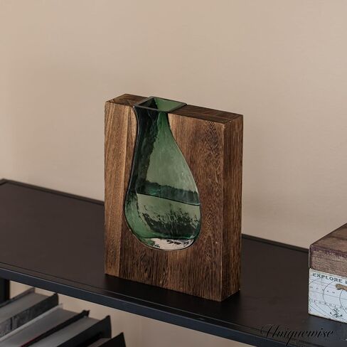 10-Inch Wood and Glass Inlay Vase - Merging The Natural Warmth and Texture of Wood with The Elegance and Color of Glass, Perfect for Enhancing Home Decor, Office Desk, Kitchen Table or Living Room in Kuwait