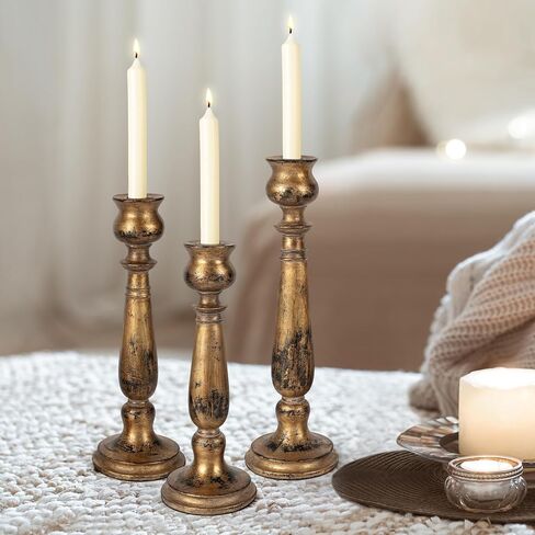 AELS Tall Candle Holders Set of 3, Rustic Candlestick Holder, Vintage Centerpiece Table Decorations, Fireplace Mantel Decor, Elegant Antique Candle Holder Decor, Gift Ideas, Distressed Gold in Saudi Arabia
