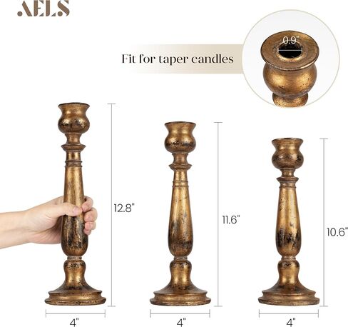 AELS Tall Candle Holders Set of 3, Rustic Candlestick Holder, Vintage Centerpiece Table Decorations, Fireplace Mantel Decor, Elegant Antique Candle Holder Decor, Gift Ideas, Distressed Gold in Saudi Arabia
