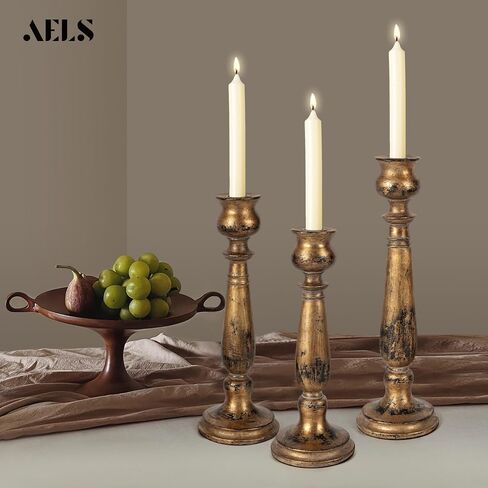 AELS Tall Candle Holders Set of 3, Rustic Candlestick Holder, Vintage Centerpiece Table Decorations, Fireplace Mantel Decor, Elegant Antique Candle Holder Decor, Gift Ideas, Distressed Gold in Saudi Arabia