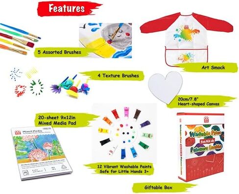 مجموعة طلاء للأطفال قابلة للغسل مكونة من 25 قطعة من OAT ART STUDIO مع دهانات قابلة للغسل، وفرش فنان وأنسجة، ولوحة ألوان، وملابس أطفال، ووسادة وسائط مختلطة، وقماش على شكل قلب in Kuwait