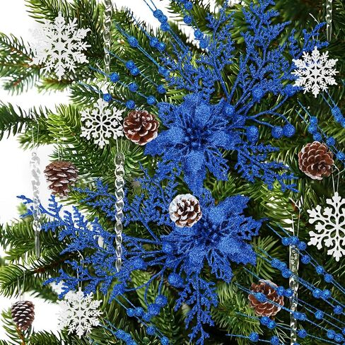 84 Pack Christmas Tree Decorations, Glitter Berry Stems, Acrylic Clear icicles Ornaments, Snowflake Ornaments, Artificial Christmas Flowers, Natural Pine Cones, Xmas Tree Decor (Blue) in Saudi Arabia