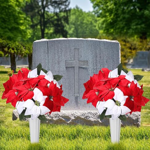 مجموعتان من زهور عيد الميلاد الاصطناعية لتزيين القبر مع مزهرية للمقبرة، زهور تذكارية مخملية صناعية لشواهد القبور، ترتيبات الزهور الحمراء البيضاء والديكور للخارج in Kuwait