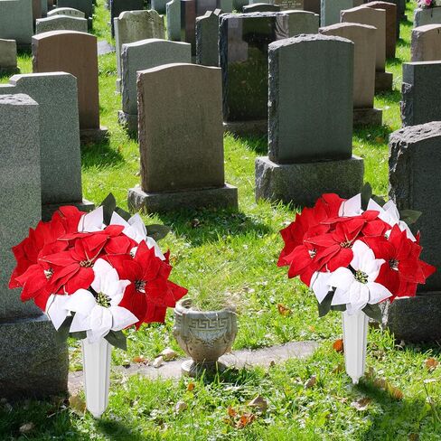 مجموعتان من زهور عيد الميلاد الاصطناعية لتزيين القبر مع مزهرية للمقبرة، زهور تذكارية مخملية صناعية لشواهد القبور، ترتيبات الزهور الحمراء البيضاء والديكور للخارج in Kuwait