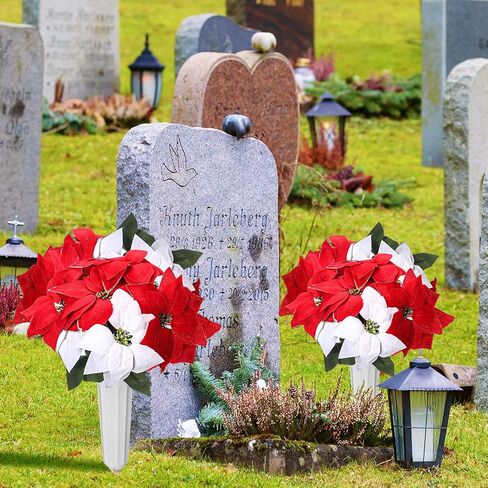 مجموعتان من زهور عيد الميلاد الاصطناعية لتزيين القبر مع مزهرية للمقبرة، زهور تذكارية مخملية صناعية لشواهد القبور، ترتيبات الزهور الحمراء البيضاء والديكور للخارج in Kuwait