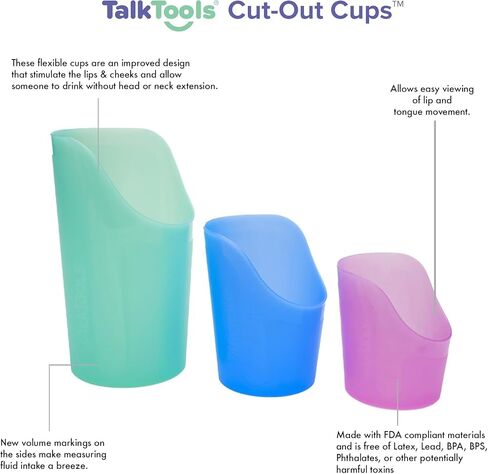 TalkTools CutOut Nosey Cups - Drinking Glass for Stable & Fixed Position, Special Drinking Cups, Therapy Training Cups, Motor and Coordination Support (All 3 Sizes (Pink, Blue & Green)) in Kuwait