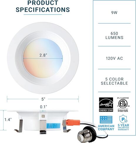 PARMIDA (6 Pack) 4 Inch 5CCT LED Recessed Lighting, Dimmable, 9W, 650LM, 2700K/3000K/4000K/5000K/6000K 5 Color Selectable, Baffle Trim Retrofit Can Light, Wet Rated, ETL & Energy Star Certified in Saudi Arabia