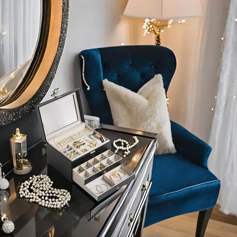 منظم مجوهرات 3 طبقات بغطاء زجاجي، لتخزين المجوهرات، صندوق مجوهرات، للمجوهرات الكبيرة والصغيرة، طراز عصري، ذهبي وأسود in Kuwait