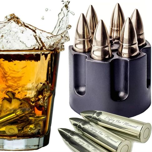 Whiskey Stones Large 6 Laser Engraved Stainless Steel Silver Chillers with Revolver Barrel Base Reusable Chilling Rocks Stone Ice Cubes Birth Day Gift Set for Father's Day, Military Man in Saudi Arabia
