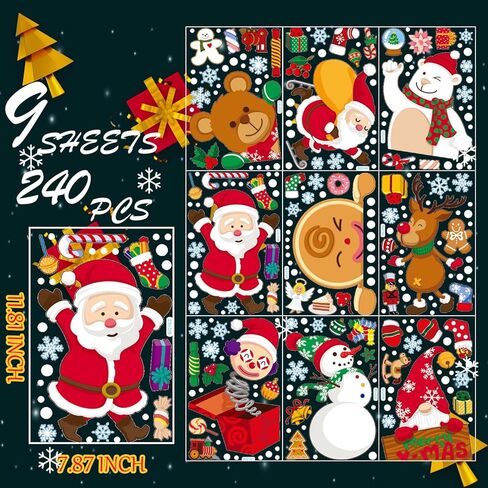 Christmas Window Clings Decorations-Gingerbread Man Santa Claus Snowman Xmas Window clings for Glass Windows,Home Kids Party Decorations,Christmas Window clings Reusable(6 Sheets) in Kuwait