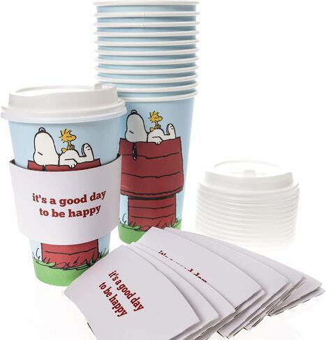 Graphique Disposable Travel Cups | Snoopy Doghouse Design | Set of 12 | Includes Cups, Lids, & Sleeves | Hot Coffee, Chocolate, Tea | Cold Beverages | Drinks to Go | 16 oz in Saudi Arabia