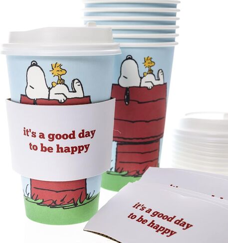 Graphique Disposable Travel Cups | Snoopy Doghouse Design | Set of 12 | Includes Cups, Lids, & Sleeves | Hot Coffee, Chocolate, Tea | Cold Beverages | Drinks to Go | 16 oz in Saudi Arabia
