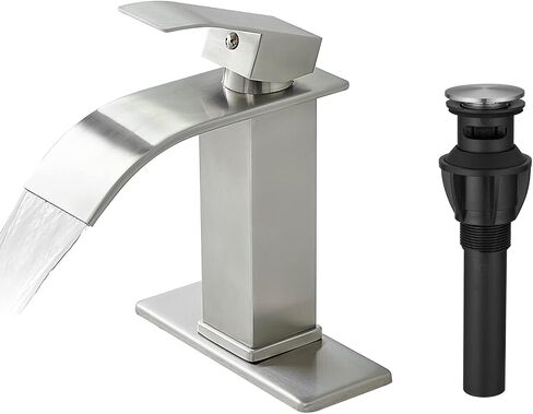 Homvacious Brushed Nickel Bathroom Faucet Waterfall Stainless Steel Single Hole Bathroom Vanity Sink Faucet Single Handle with Pop Up Drain and Deck Plate RV Lavatory Basin Mixer Tap in Saudi Arabia