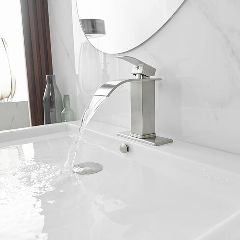 Homvacious Brushed Nickel Bathroom Faucet Waterfall Stainless Steel Single Hole Bathroom Vanity Sink Faucet Single Handle with Pop Up Drain and Deck Plate RV Lavatory Basin Mixer Tap in Saudi Arabia