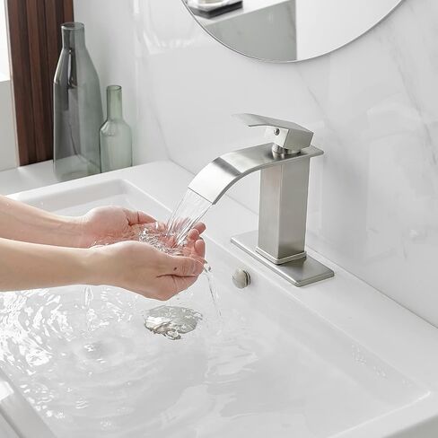 Homvacious Brushed Nickel Bathroom Faucet Waterfall Stainless Steel Single Hole Bathroom Vanity Sink Faucet Single Handle with Pop Up Drain and Deck Plate RV Lavatory Basin Mixer Tap in Saudi Arabia