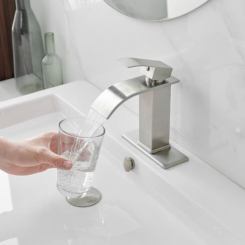 Homvacious Brushed Nickel Bathroom Faucet Waterfall Stainless Steel Single Hole Bathroom Vanity Sink Faucet Single Handle with Pop Up Drain and Deck Plate RV Lavatory Basin Mixer Tap in Saudi Arabia