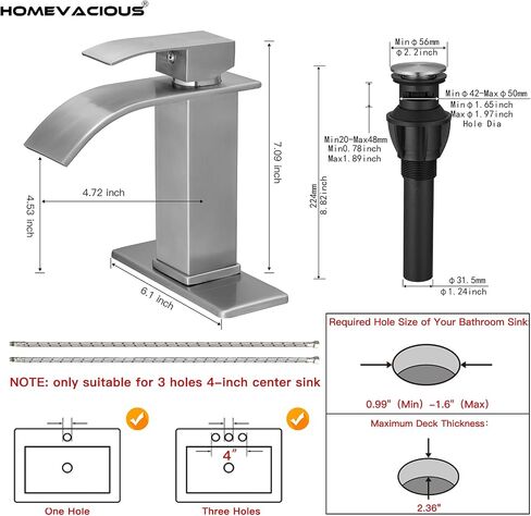 Homvacious Brushed Nickel Bathroom Faucet Waterfall Stainless Steel Single Hole Bathroom Vanity Sink Faucet Single Handle with Pop Up Drain and Deck Plate RV Lavatory Basin Mixer Tap in Saudi Arabia