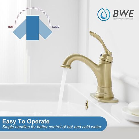 BWE Brushed Gold Bathroom Faucet Single Handle Bathroom Faucet 1 Hole Gold Faucet for Bathroom Vanity Sink with Pop Up Drain Assembly and Faucet Supply Lines Commercial Lavatory RV Mixer Tap in Saudi Arabia