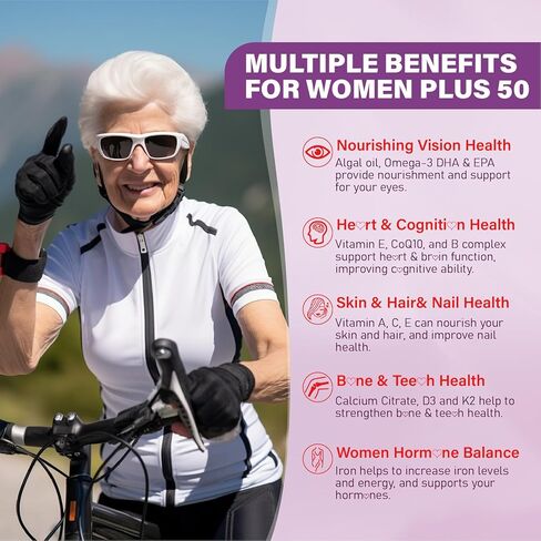 Multivitamin Gummies for Women 50 Plus - with Omega 3, Coenzyme Q10, Iron, Calcium, Zinc, Vitamin A, C, D3, E, K2, B Complex, Folate - Multi Vitamins & Minerals for Energy, Immunity, Eye, Skin in Saudi Arabia
