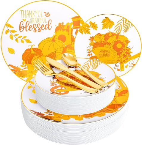 WELLIFE 150Pcs Thanksgiving Disposable Plates -Heavy Duty Thanksgiving Plates for 30 Guests, Thanksgiving Plates and Napkins Sets, Thanksgiving Plates Dinnerware in Saudi Arabia