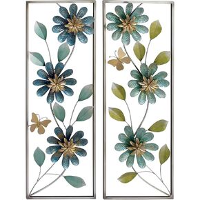 Deco 79 Metal Floral Home Wall Decor Wall Sculpture with Silver Frame, set of 2 Wall Art 12" x 2" x 35", Green