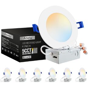 Adetu 12 حزمة 4 بوصة 5CCT مصباح سقف مجوف LED رفيع للغاية مع صندوق توصيل، إضاءة سفلية من الرقاقة الخافتة، 2700K-5000K قابلة للاختيار، 9W Eqv 80W، سطوع عالي 810LM، معتمد من ETL