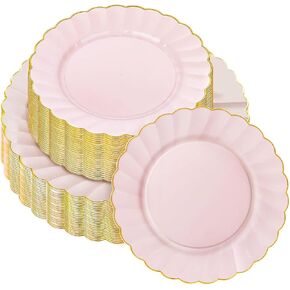 50 Pcs White Scalloped Plastic Plates with Gold Rim Disposable Fancy Decorative Elegant Party Plates 25pcs Heavy Duty Dinner Plates 10" 25pcs Dessert Plates 7.5" Perfect for Wedding Baby Shower