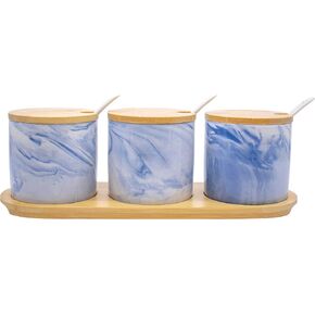 Set of 3 Marble Ceramic Condiment Spice Jars With Spoons and Bamboo Lids and Tray (Pink)